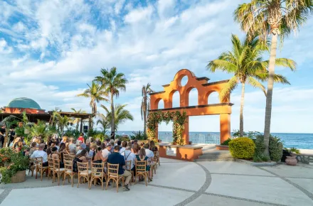 Poolside resort dining setting.