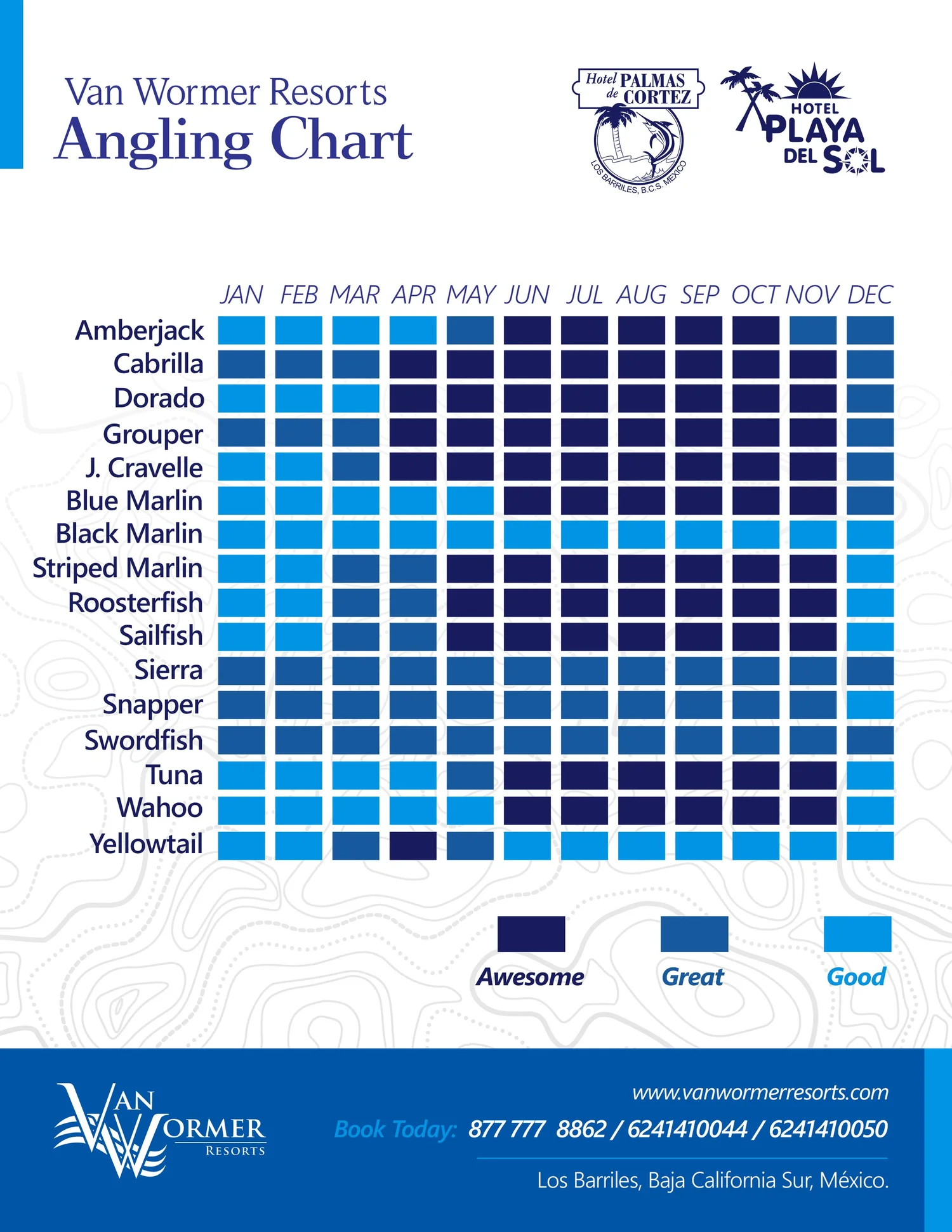 East Cape fishing chart showing seasonal sportfishing species near Van Wormer Resorts.